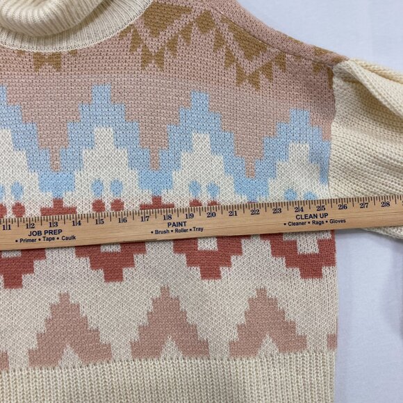 New SO size XXL Cream Boho Print Turtle Neck Puff Sleeve Tunic Sweater Cozy - Picture 7 of 11